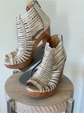 Sbicca caged leather distressed white platform sandals